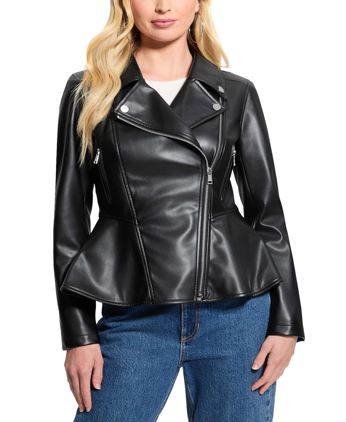 Guess Women's Ivy Faux-leather Peplum Moto Jacket In Jet Black Multi