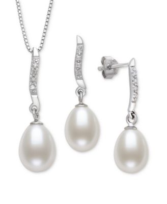 2-Pc. Set Cultured Freshwater Pearl (7-8mm) & Lab Created White Sapphire (1/3 ct. t.w.) Pendant Necklace & Matching Drop Earrings in Sterling Silver