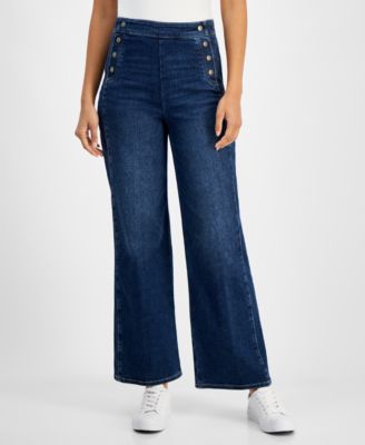 Nautica Women's High-Rise Wide Leg Trouser Jeans - Stretch Cotton, Patch Pockets, Button Fly