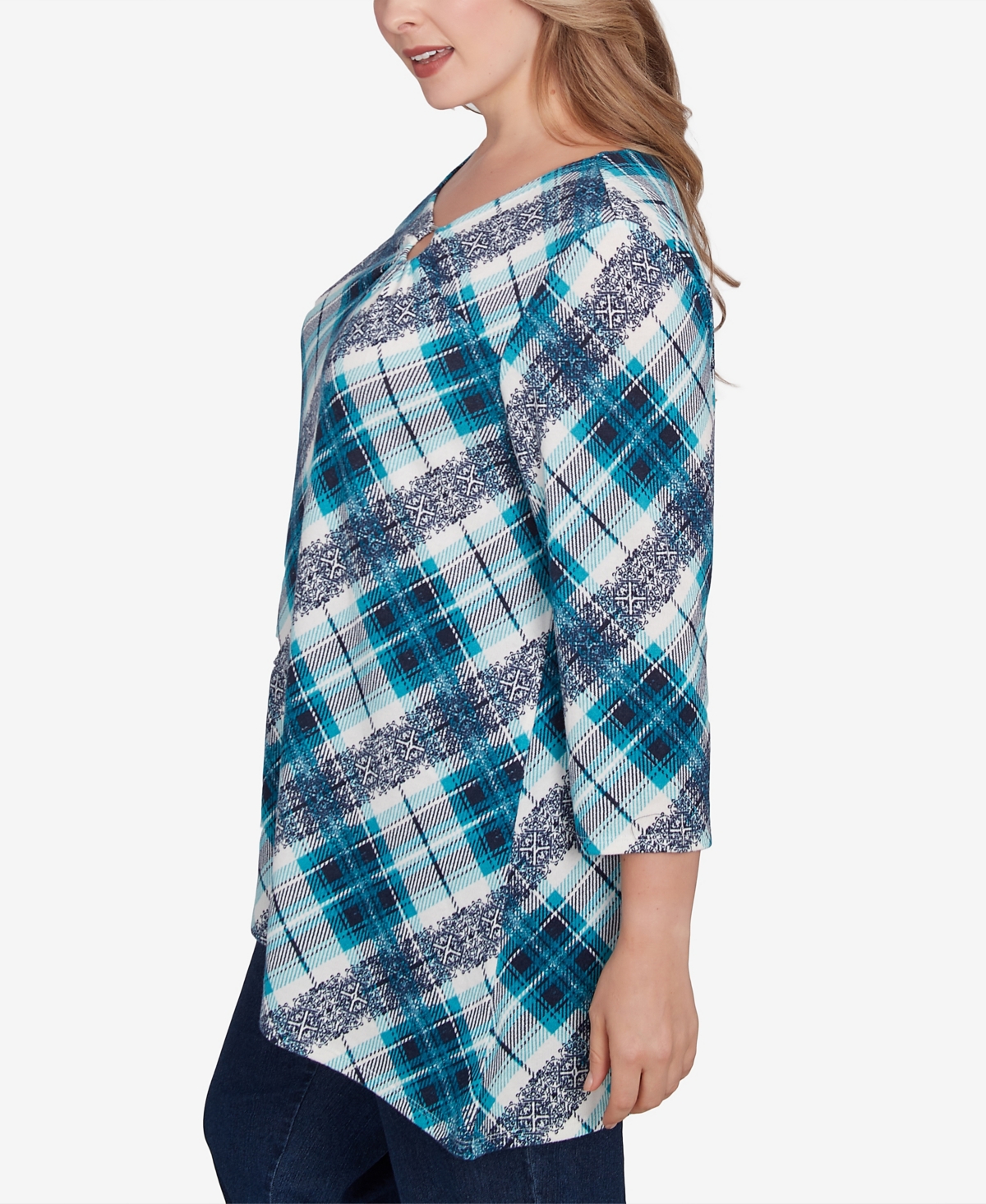Ruby Rd. Plus Size Ring Neck Plaid Hatchi Knit Top In Navy Multi