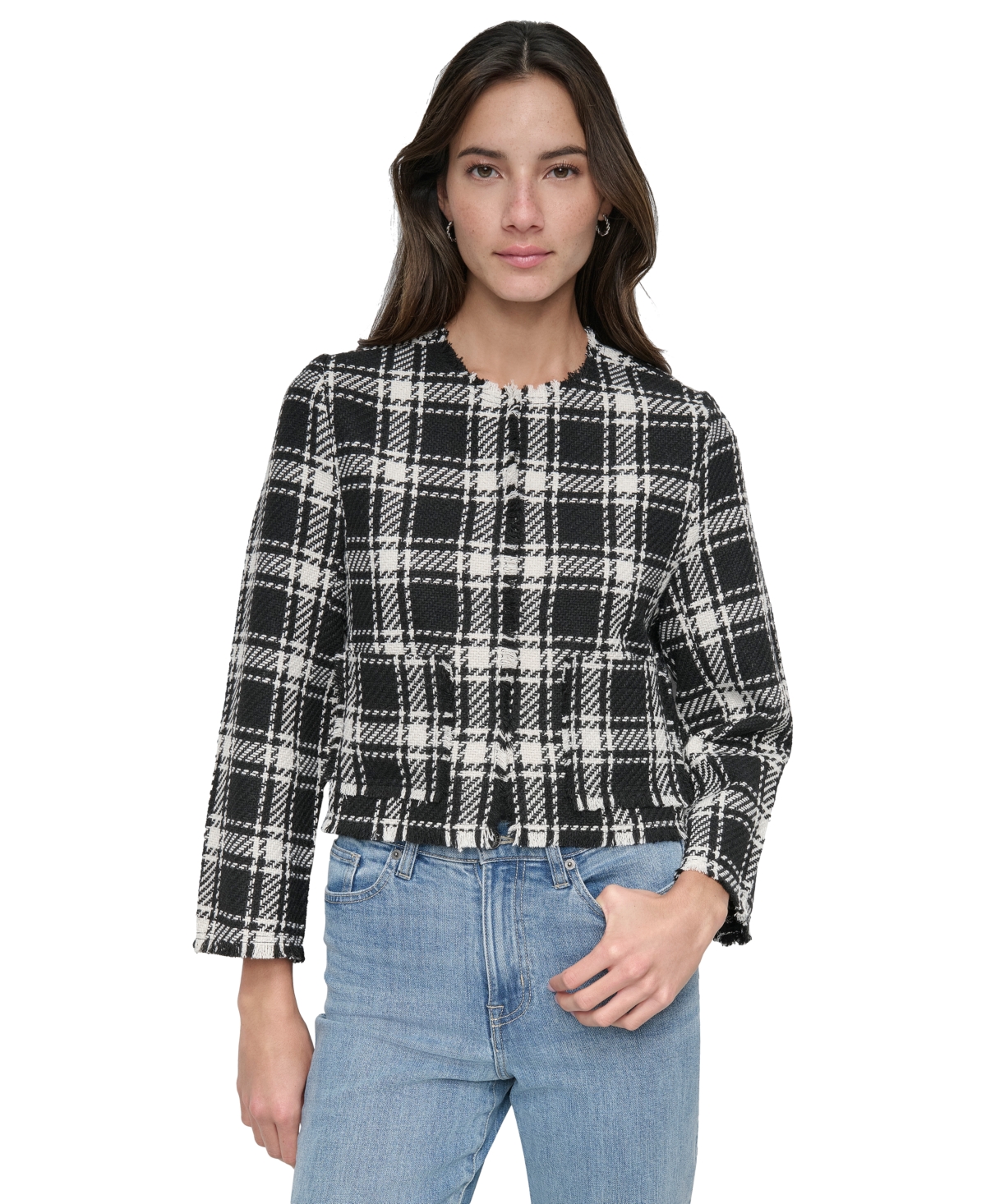 DKNY JEANS WOMEN'S FRAYED CROPPED LONG-SLEEVE JACKET 