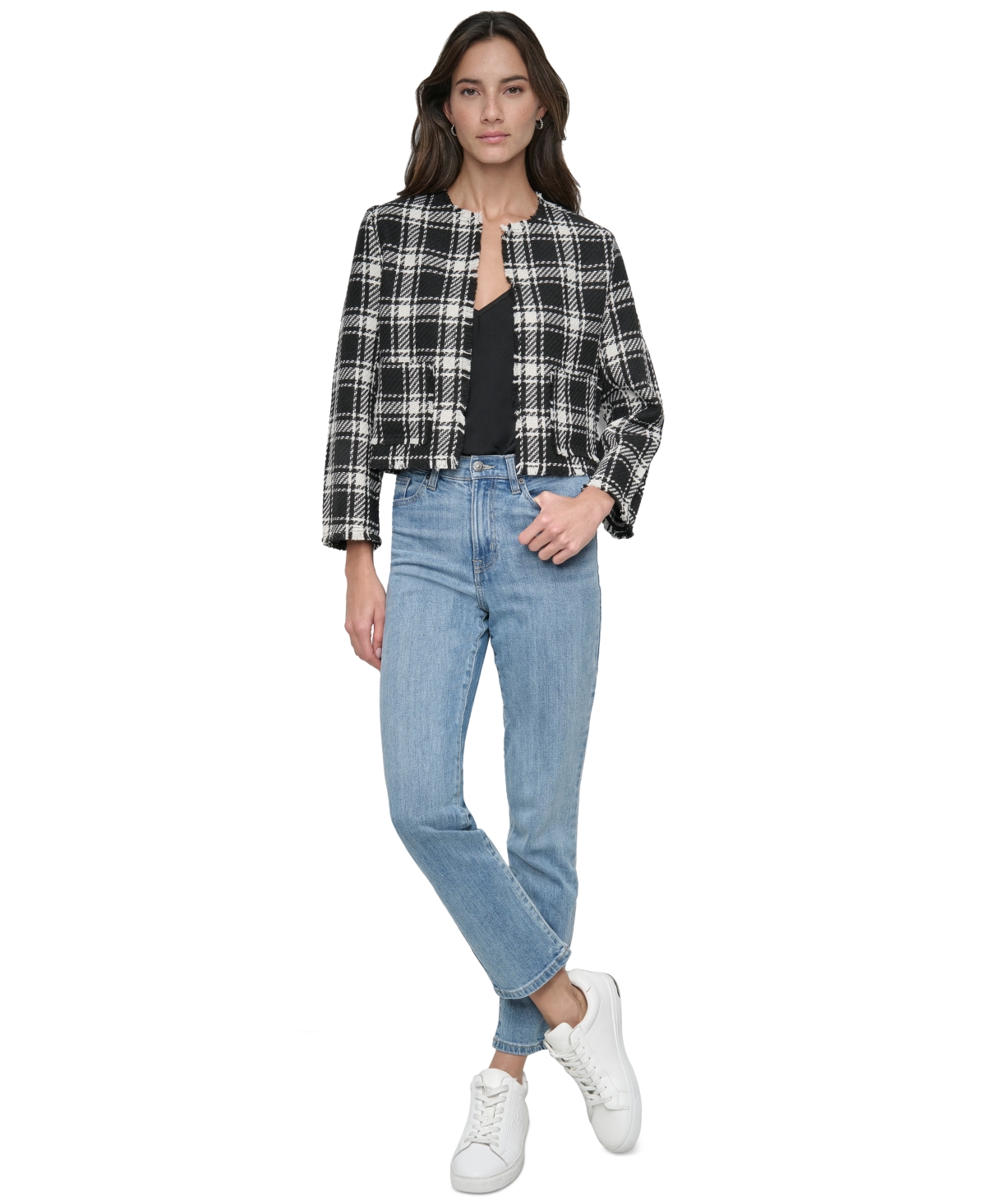 DKNY JEANS WOMEN'S FRAYED CROPPED LONG-SLEEVE JACKET 