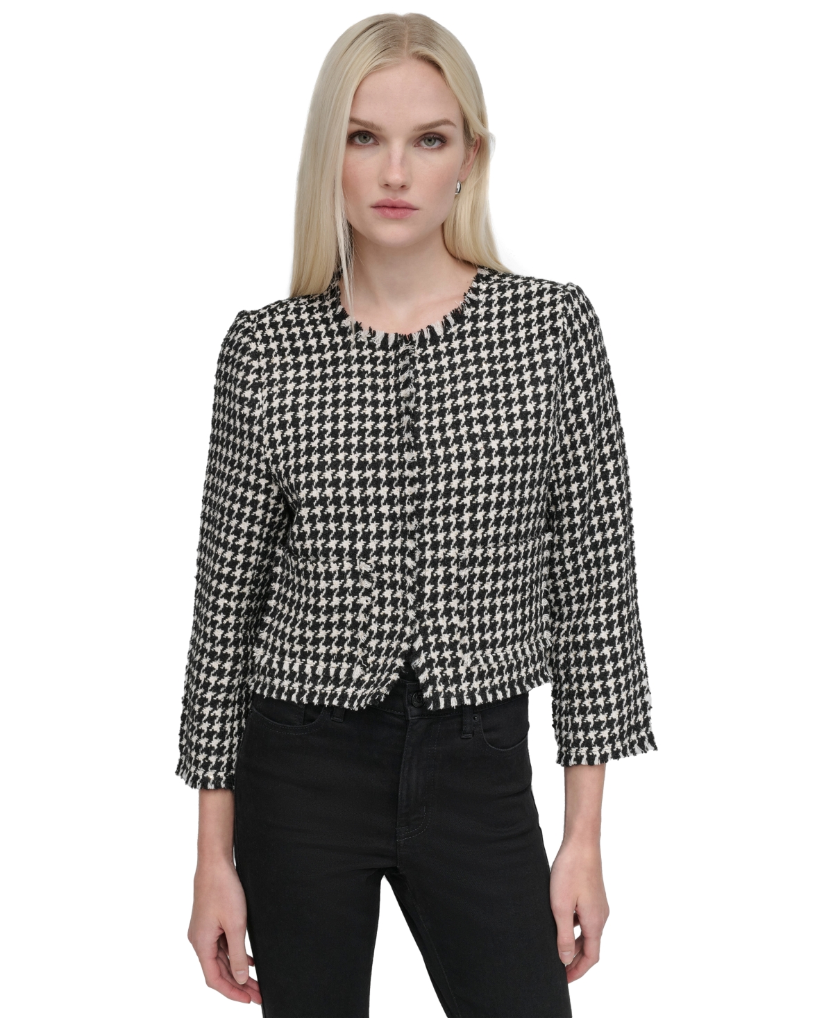 DKNY JEANS WOMEN'S FRAYED CROPPED LONG-SLEEVE JACKET 