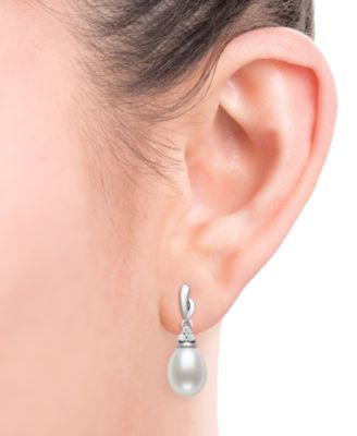 Cultured Freshwater Pearl (7-8mm) & Lab-Created White Sapphire Accent Drop Earrings in Sterling Silver