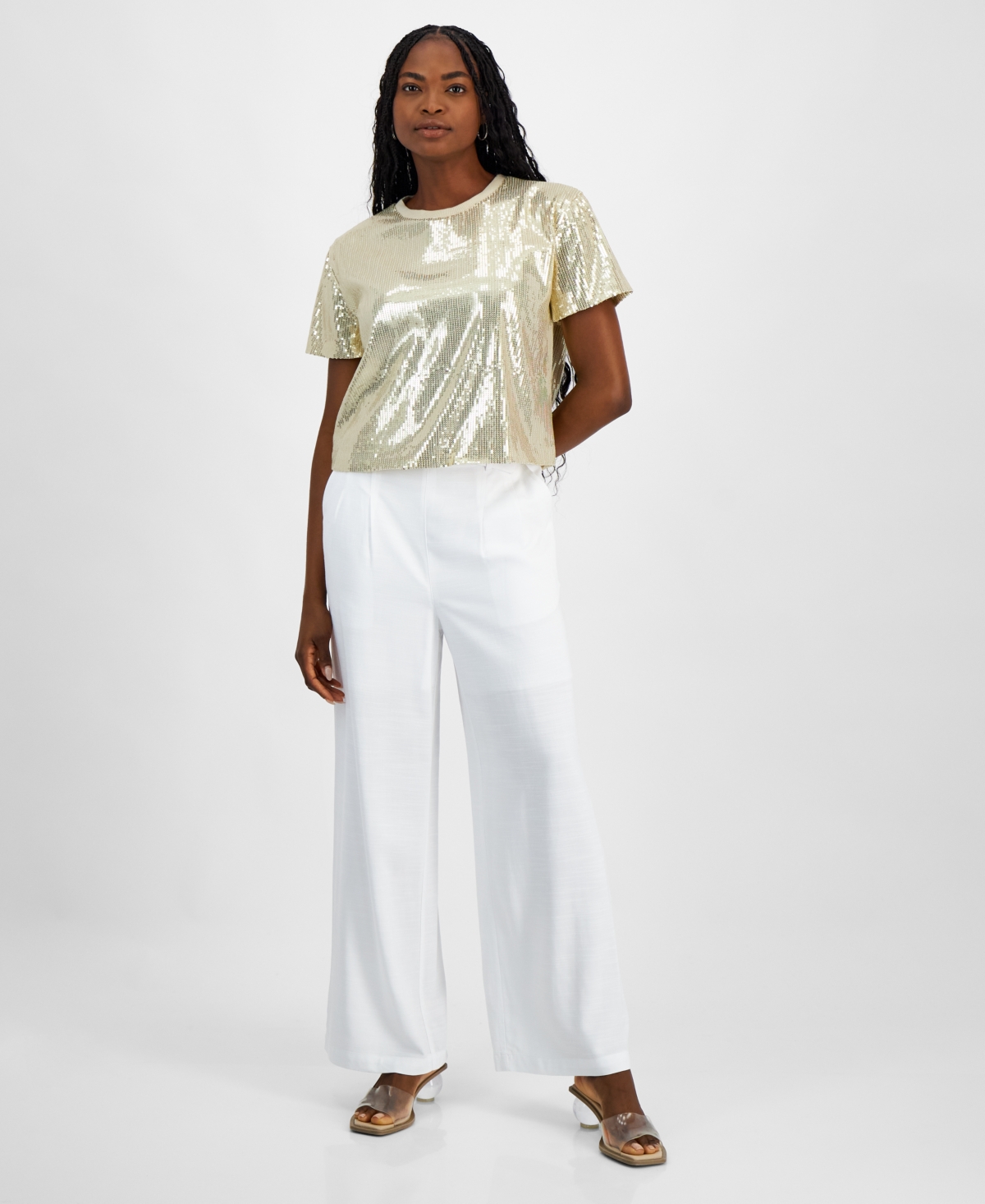 Bar Iii Women's Sequin Short-Sleeve Crewneck Top, Created for Macy's