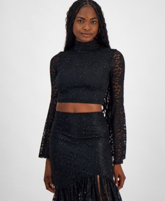 GUESS - Women's Mock-Neck Dominique Long-Bell-Sleeve Lace Top