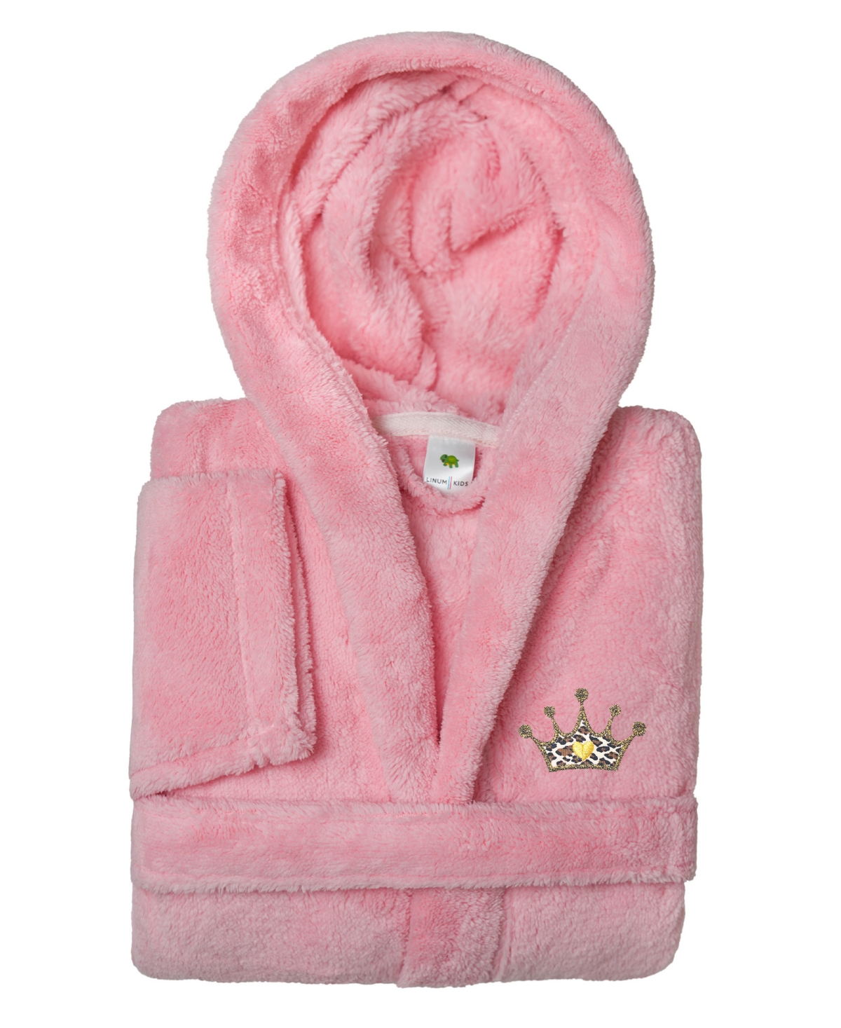 Linum Home Kids Cheetah Crown Super Plush Double Brushed Hooded Bathrobe In Pink