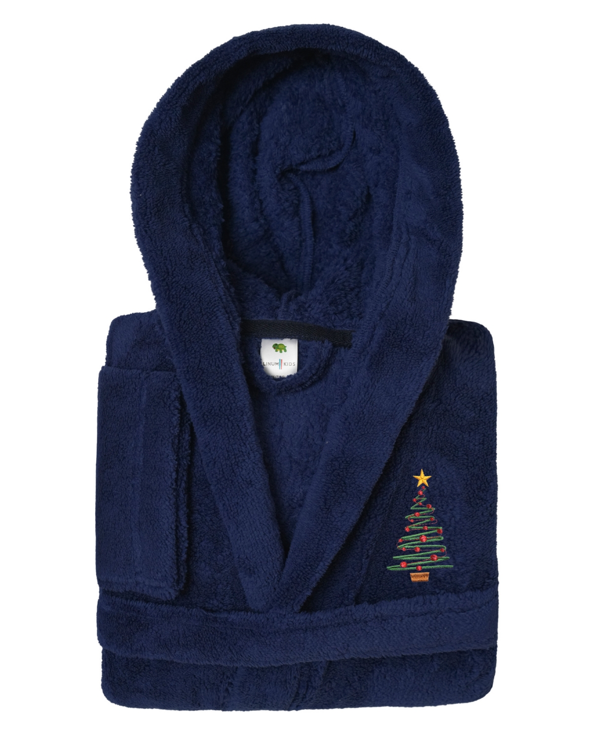 Linum Home Christmas Tree Kids Super Plush Double Brushed Hooded Bathrobe In Navy