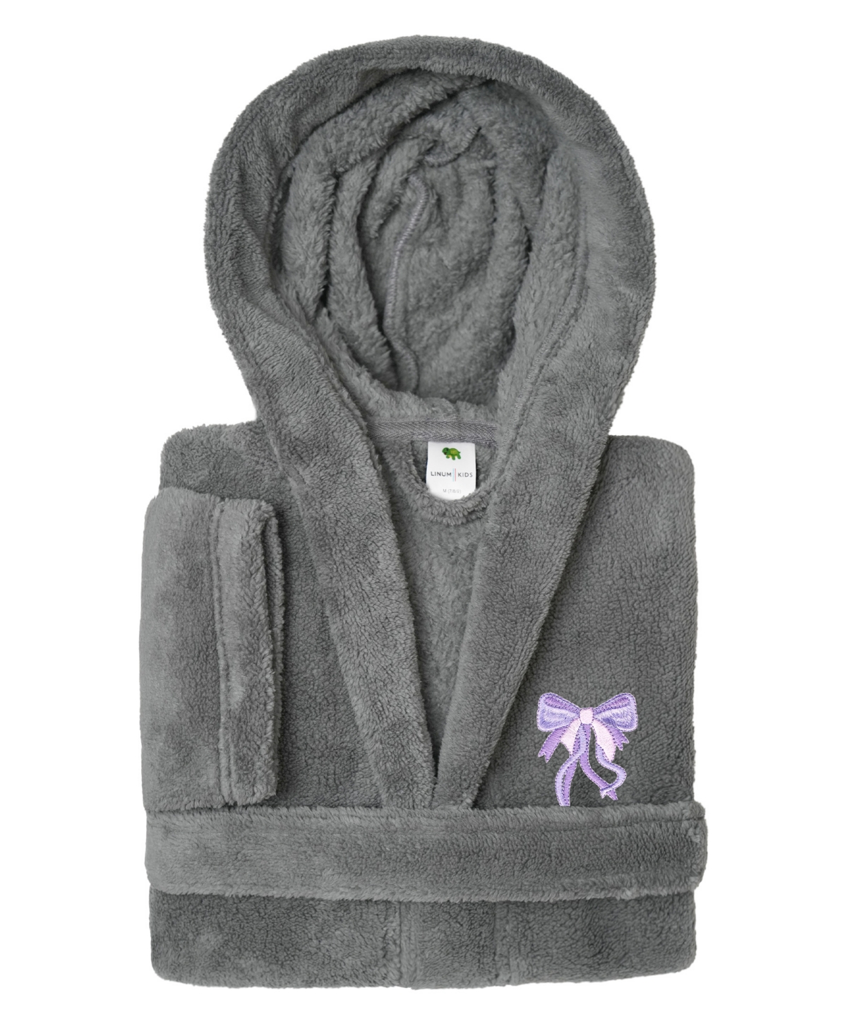 Linum Home Kids Bow Super Plush Double Brushed Hooded Bathrobe In Grey,purple