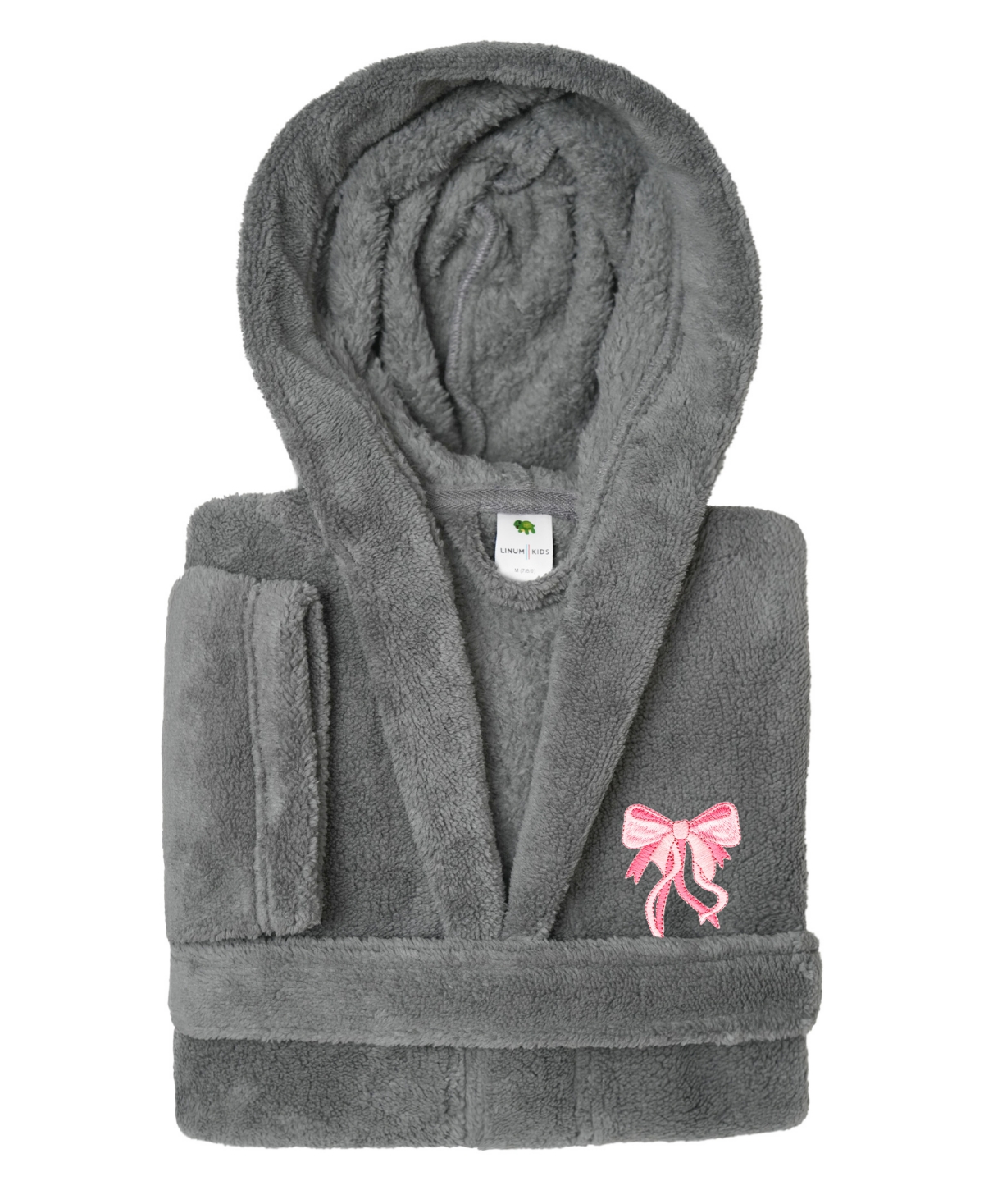 Linum Home Kids Bow Super Plush Double Brushed Hooded Bathrobe In Grey,pink