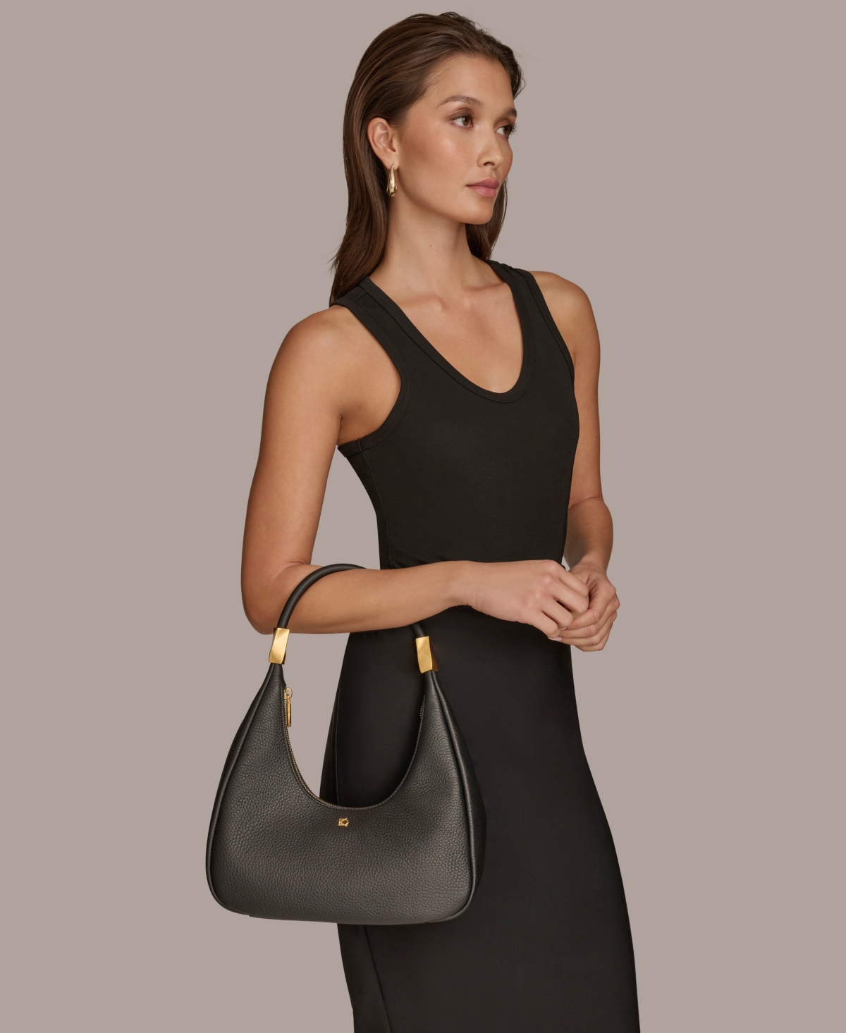 Shop Donna Karan Quogue Leather Small Hobo Shoulder In Black,gold