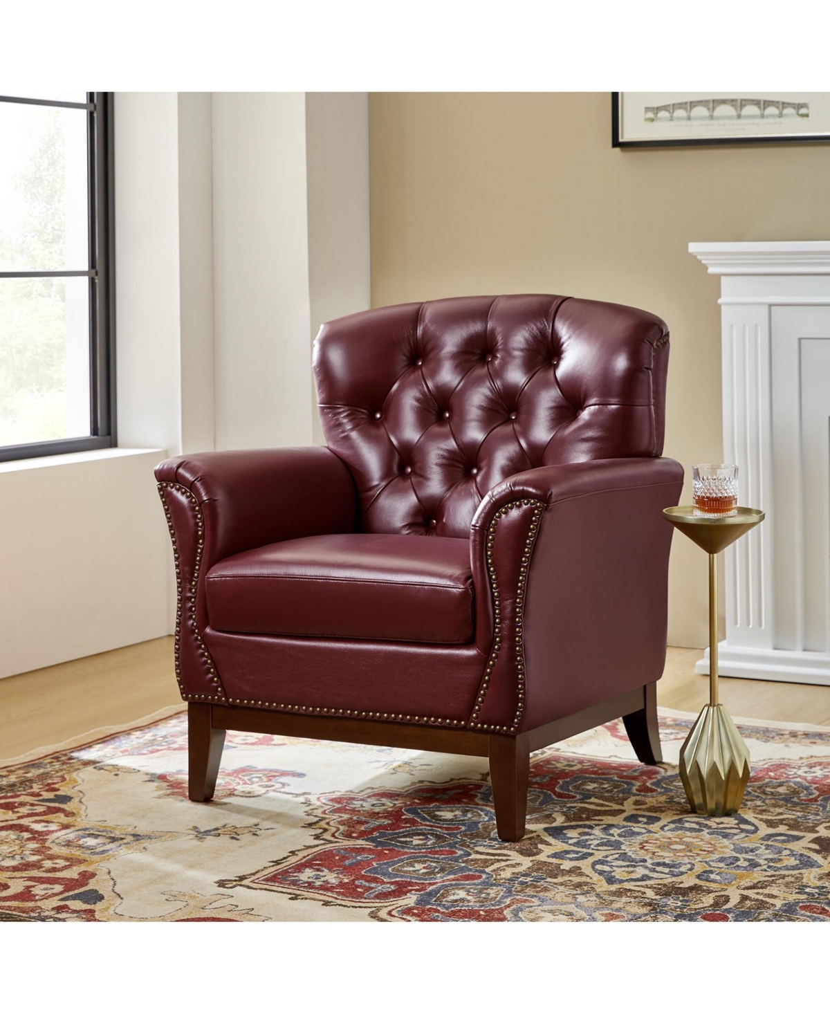 Hulala Home Eugene Traditional Genuine Leather Chair with Tufted Wing Back and Solid Wood
