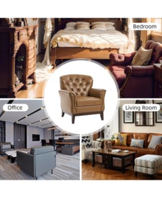 Eugene Traditional Genuine Leather Chair with Tufted Wing Back and Solid Wood