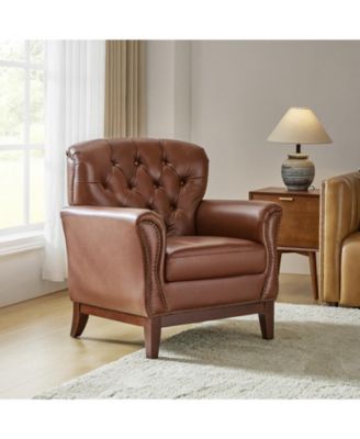 Eugene Traditional Genuine Leather Chair with Tufted Wing Back and Solid Wood