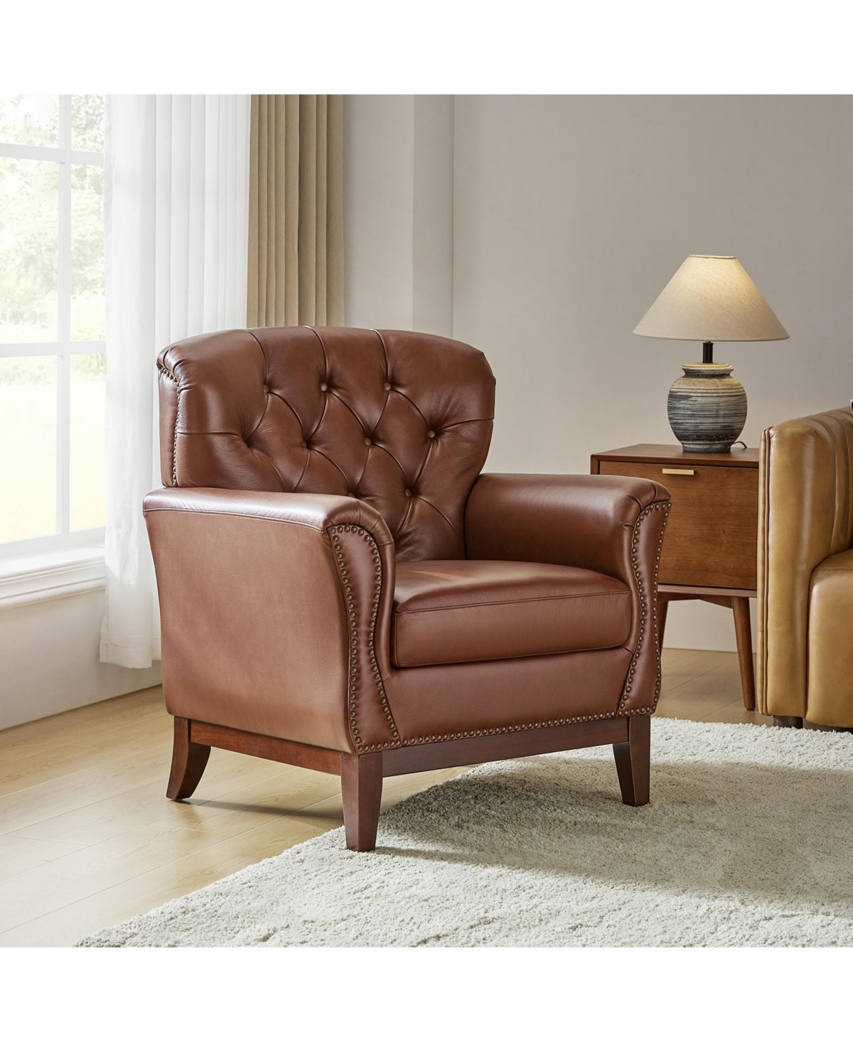 Hulala Home Eugene Traditional Genuine Leather Chair with Tufted Wing Back and Solid Wood