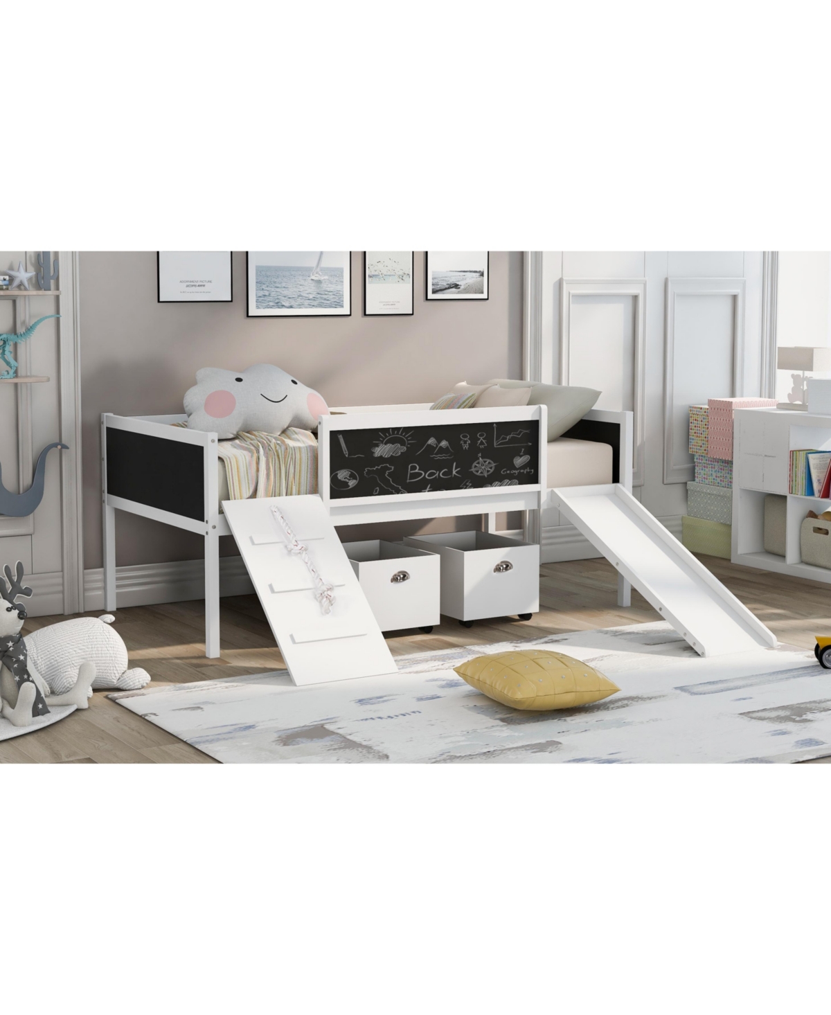 Slickblue Twin Size Wooden Loft Bed with Two Storage Boxes for Space-Saving Kids' Room