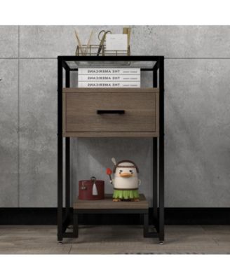 Nightstand, End Table with Storage Drawer and 3-Tier Storage & Tempered Glass Top, Bedside Furniture with Steel Frame, Side Table for Bedroom
