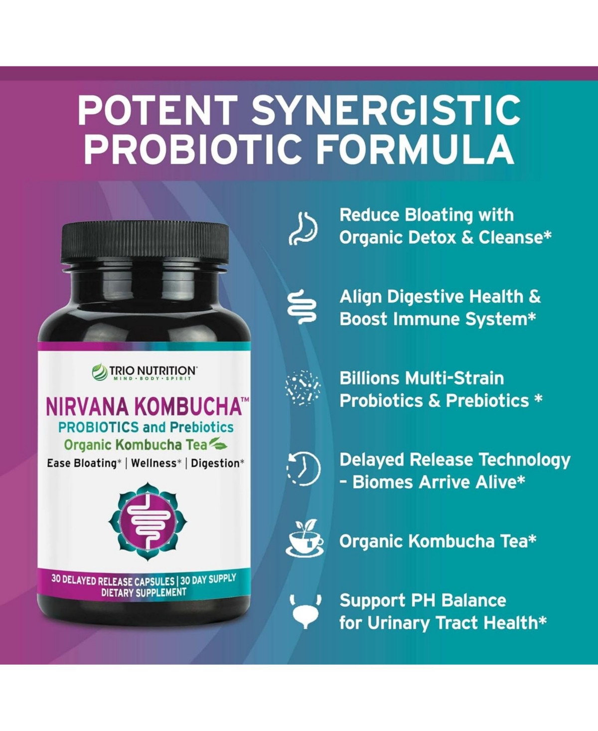 Trio Nutrition Nirvana Kombucha- Billions of Multi-Strain Probiotics, Prebiotic & Organic Kombucha Tea, Supports Digestive, Immune & Ph Balance, 30ct