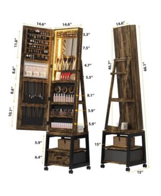 360° Swivel Jewelry Cabinet with LED Lights,Inside Makeup Mirror,Rotatable Full Length Mirror with Jewelry Storage for Bedroom