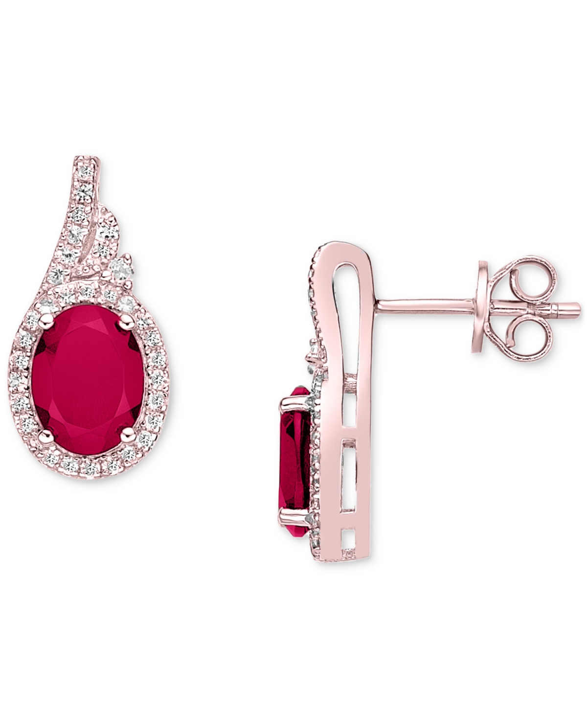 Macy's Emerald (3 Ct. T.w.) & White Sapphire (5/8 Ct. T.w.) Oval Halo Stud Earrings In 10k Gold-plated Ster In Ruby