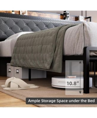 King Size Led Bed Frame with Headboard and 2 Storage Drawers, Upholstered Platform Bed with Charging Station, No Box Spring Needed