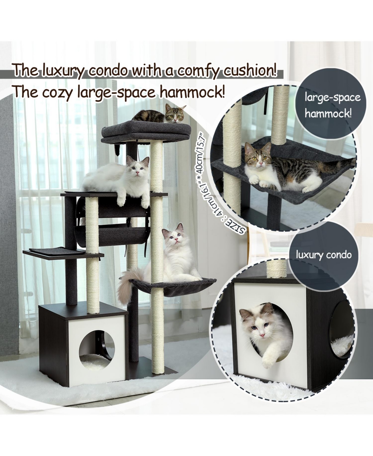 Slickblue Modern Cat Tree – 6-Level Wooden Cat Tower with Sisal Scratching Posts, Cozy Condo, Spacious Perch