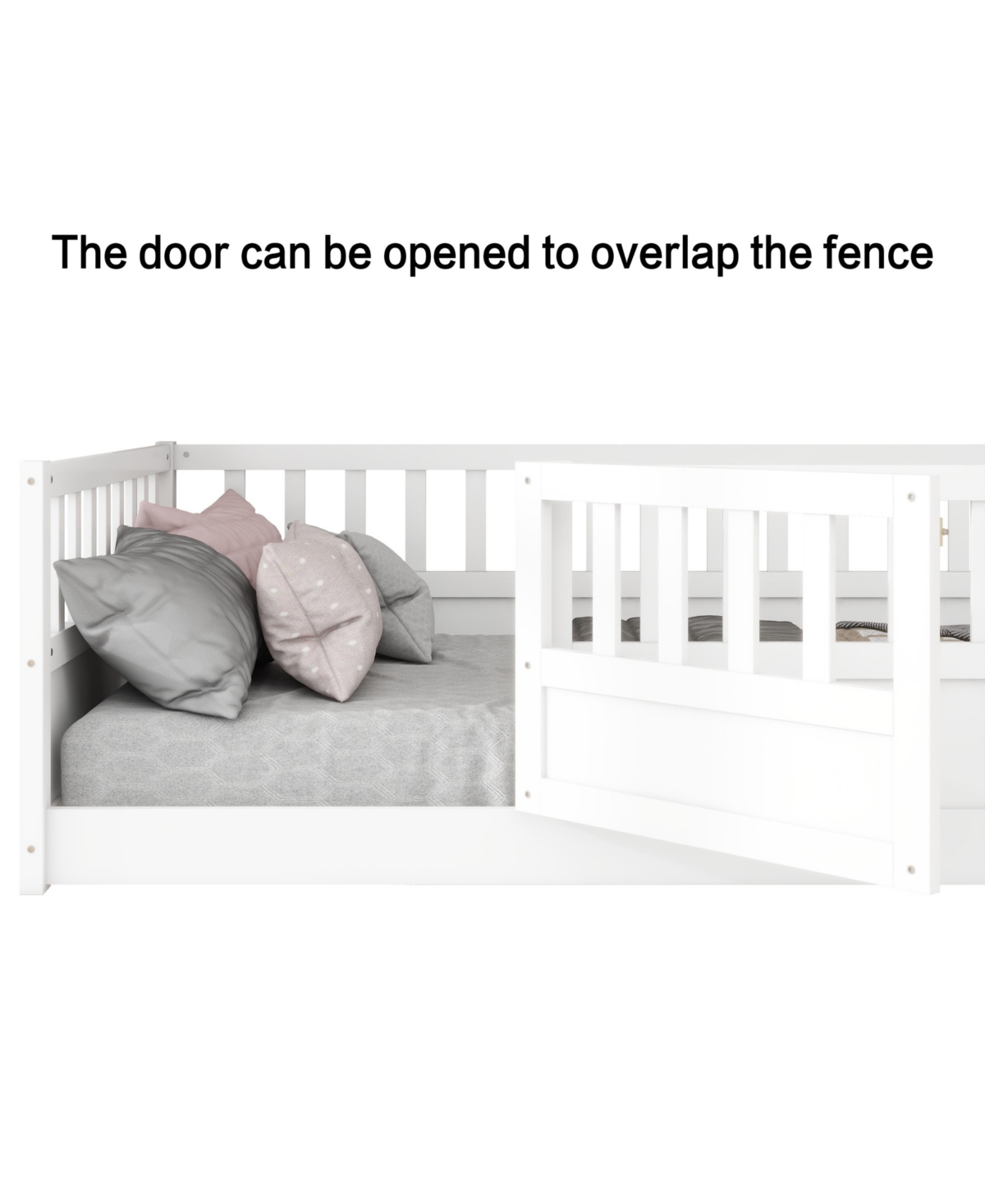 Slickblue Twin Size Montessori Wooden Floor Bed – Features Integral Construction with High Security Barrier and Door - White