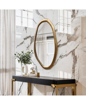Elegant Wall Mirror with Curved Frame, Aged Gold Finish, Modern Accent Decor, 29.5"x15.25"