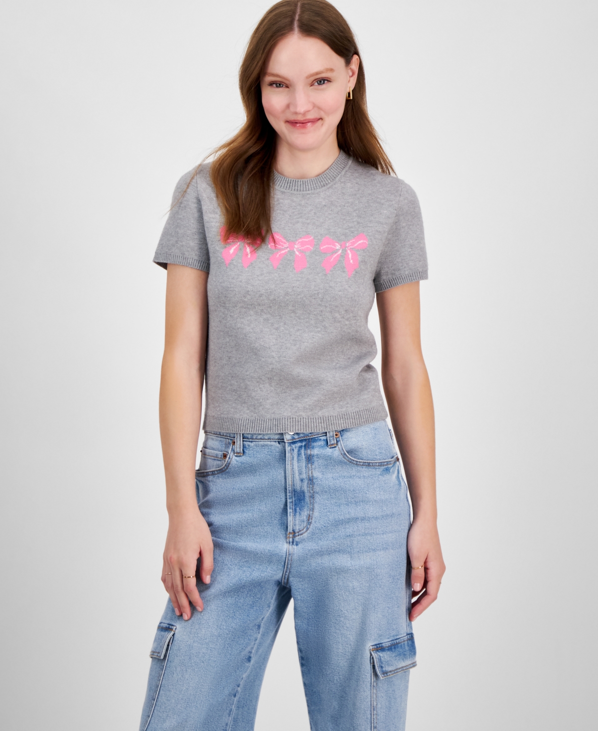 Juniors' Bow Graphic Short-Sleeve Sweater - Gray Bow