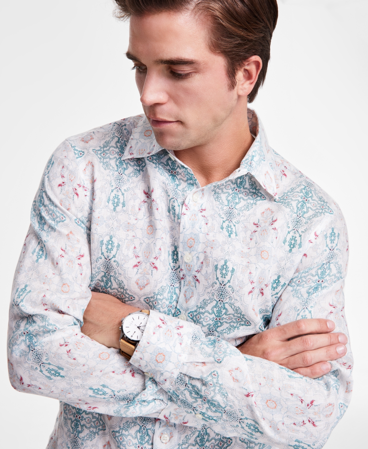 Club Room Men's Zurich Long Sleeve Button-Front Printed Linen Shirt, Exclusively at Macy's