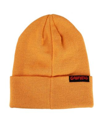 Men's Face Character Cuffed Flat Embroidery Logo on Orange Acrylic Knitted Woven Beanie