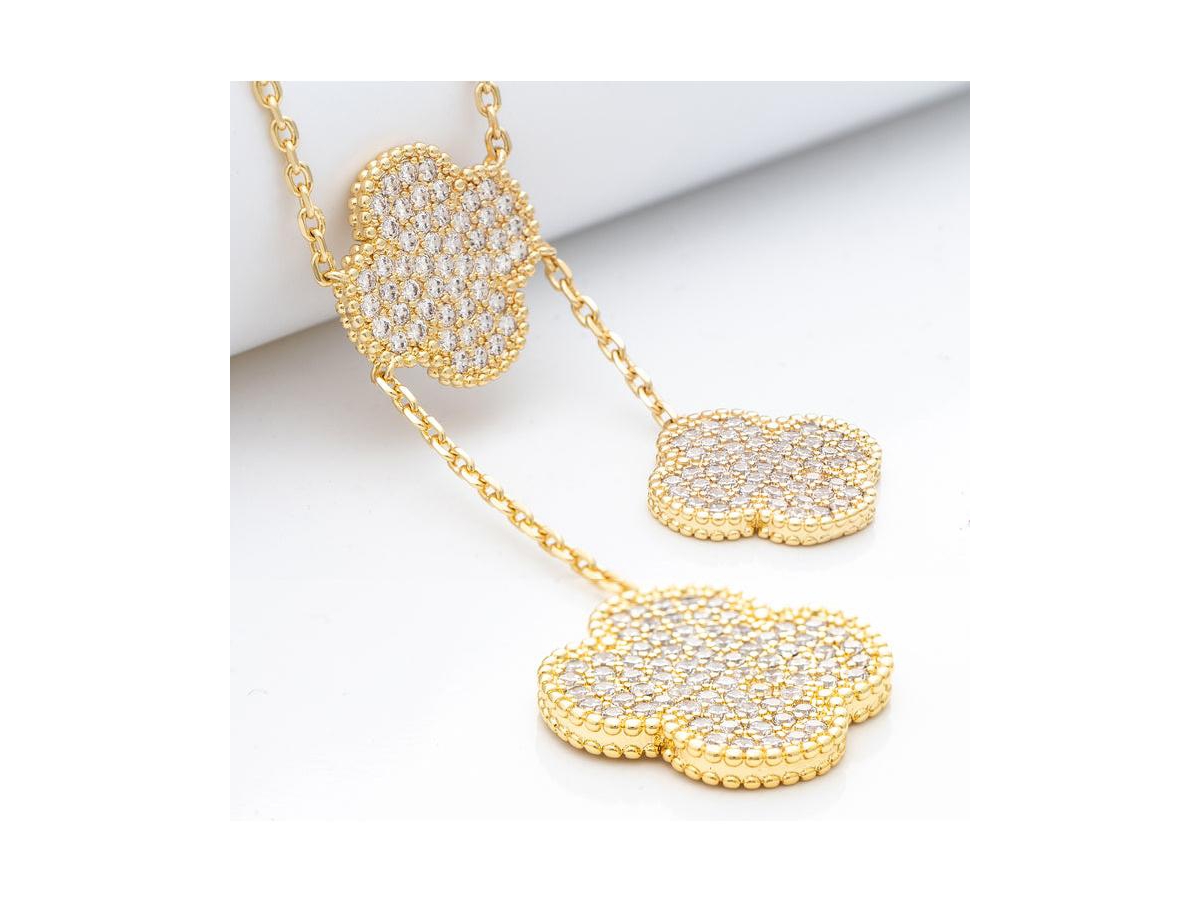 Rivka Friedman Pave Cubic Zirconia 5 Clovers on Y Chain Necklace - Gold with clear cz