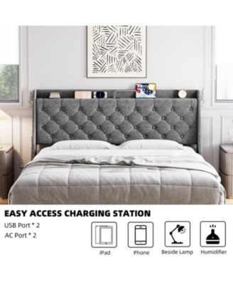 King Size Bed Frame with Charging Ports & Storage Shelf, Upholstered Platform Bed with Wingback Headboard, No Box Spring Needed, Gray