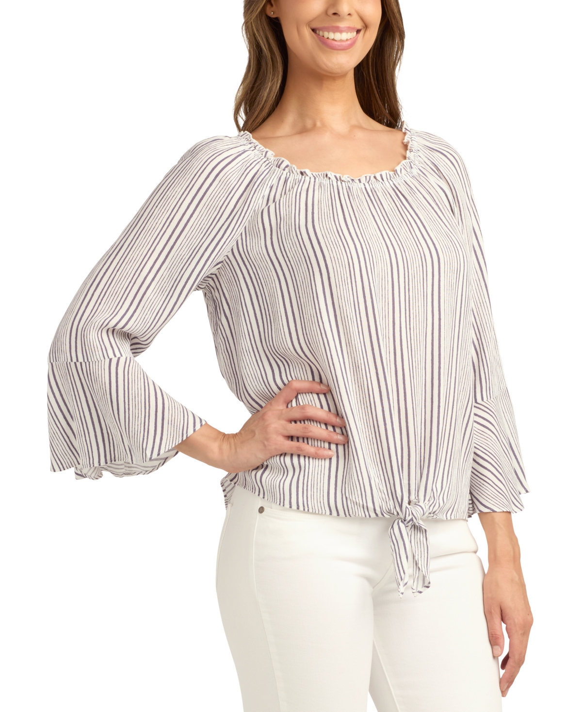 Bcx Juniors' Tie-Hem Scoop-Neck Striped Bell-Sleeve Top
