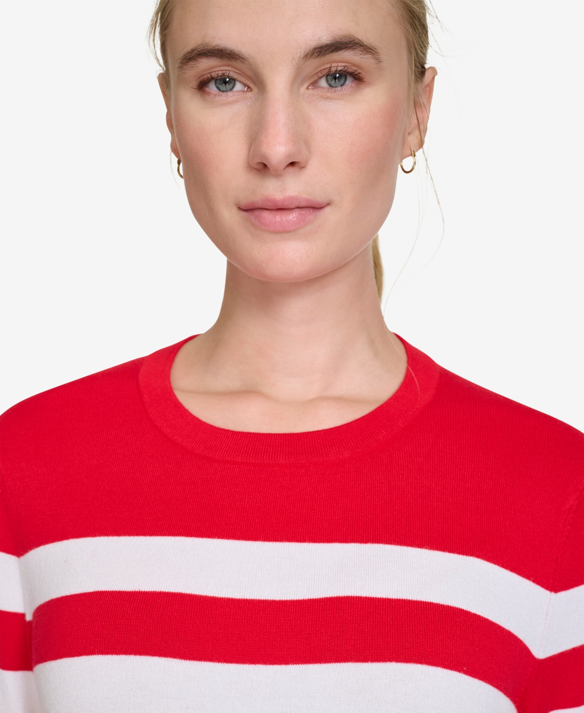 Nautica Jeans Women's Crewneck Stripe Sweater With Button Sleeve In Regatta Red,bright White