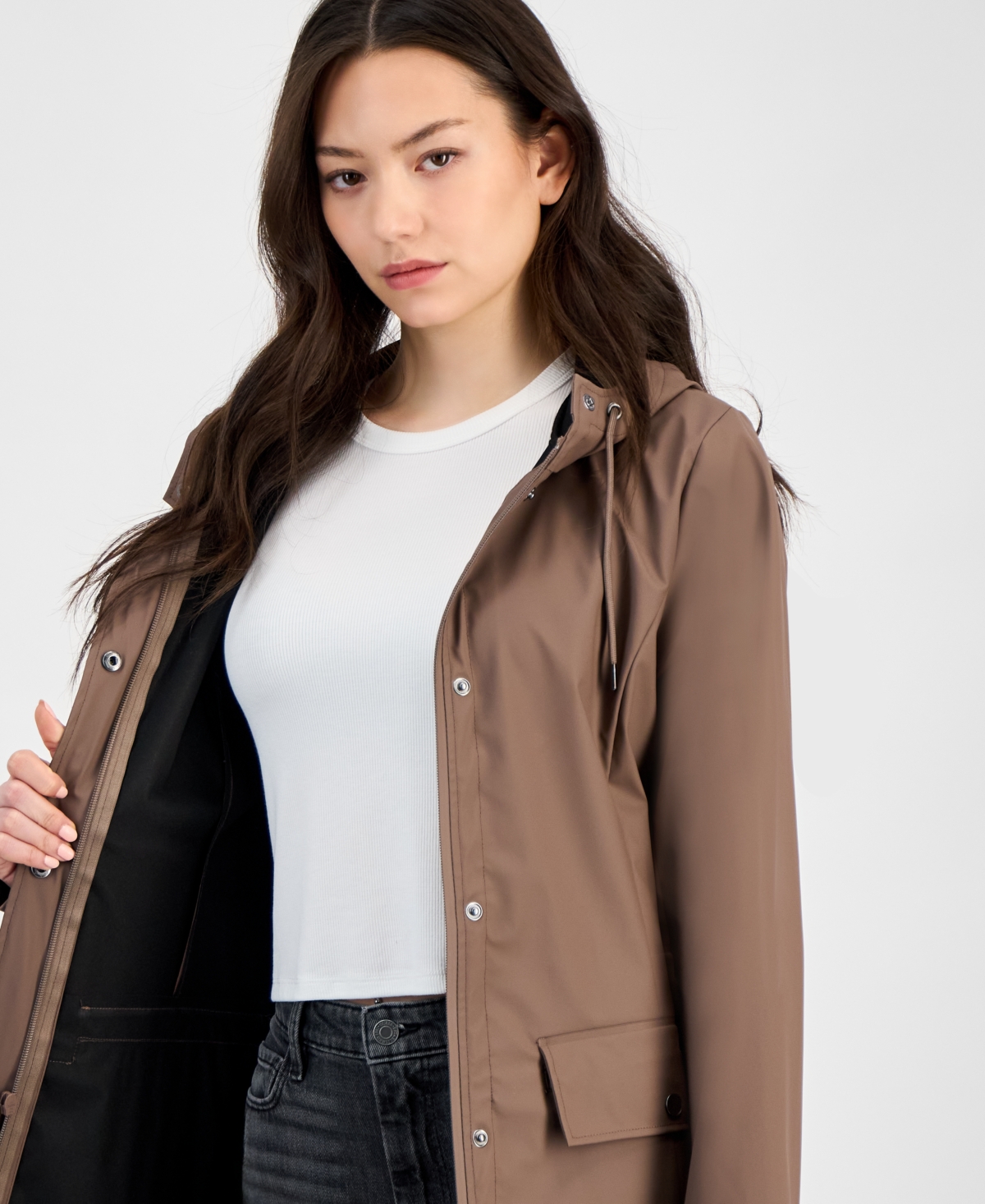 Rains Women's Tie-waist Snap-front Hooded Rain Coat In Dune