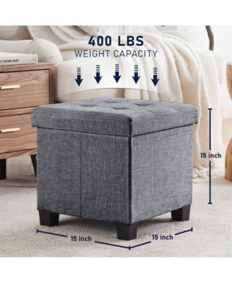 Foldable Tufted 15 Inch Square Linen Storage Ottoman with Legs