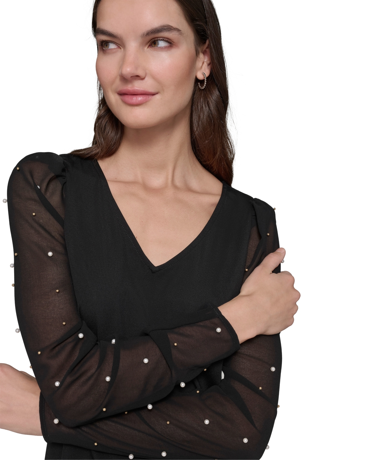 Karl Lagerfeld Paris Women's V-Neck Embellished Sheer-Sleeve Top