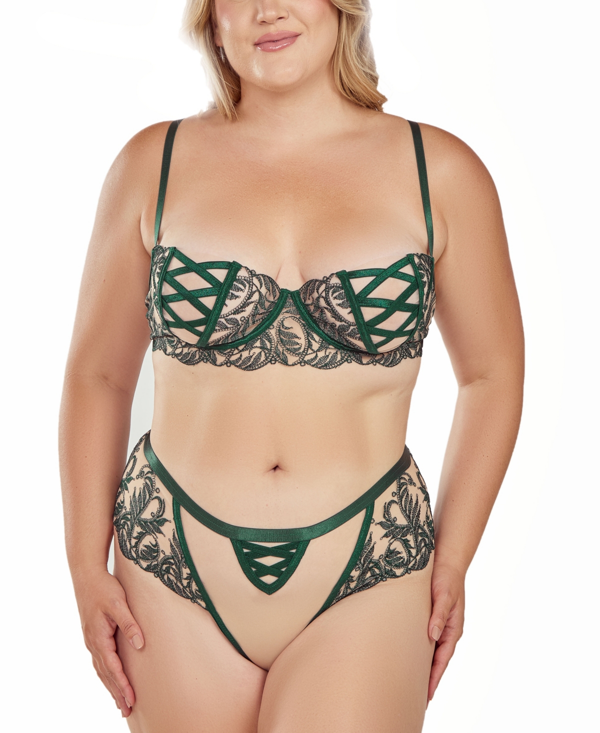 Icollection Women's 2-piece Embroidered Mesh Bra And Panty Lingerie Set In Green