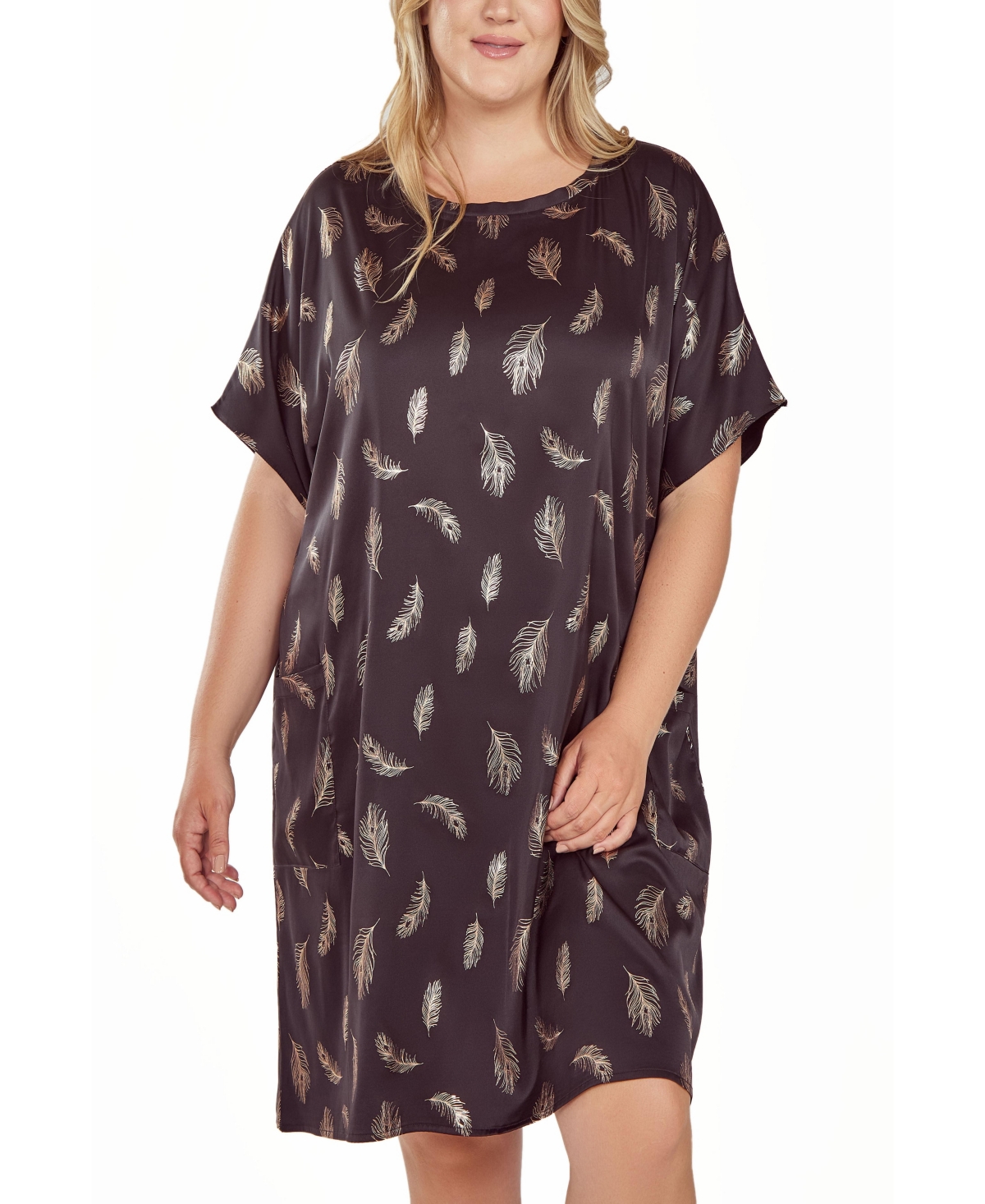 Shop Icollection Plus Size Silky Pocket Shift Sleepshirt Nightgown In Feather Print In Black