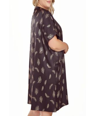 Plus Size Silky Pocket Shift Sleepshirt Nightgown in Feather Print