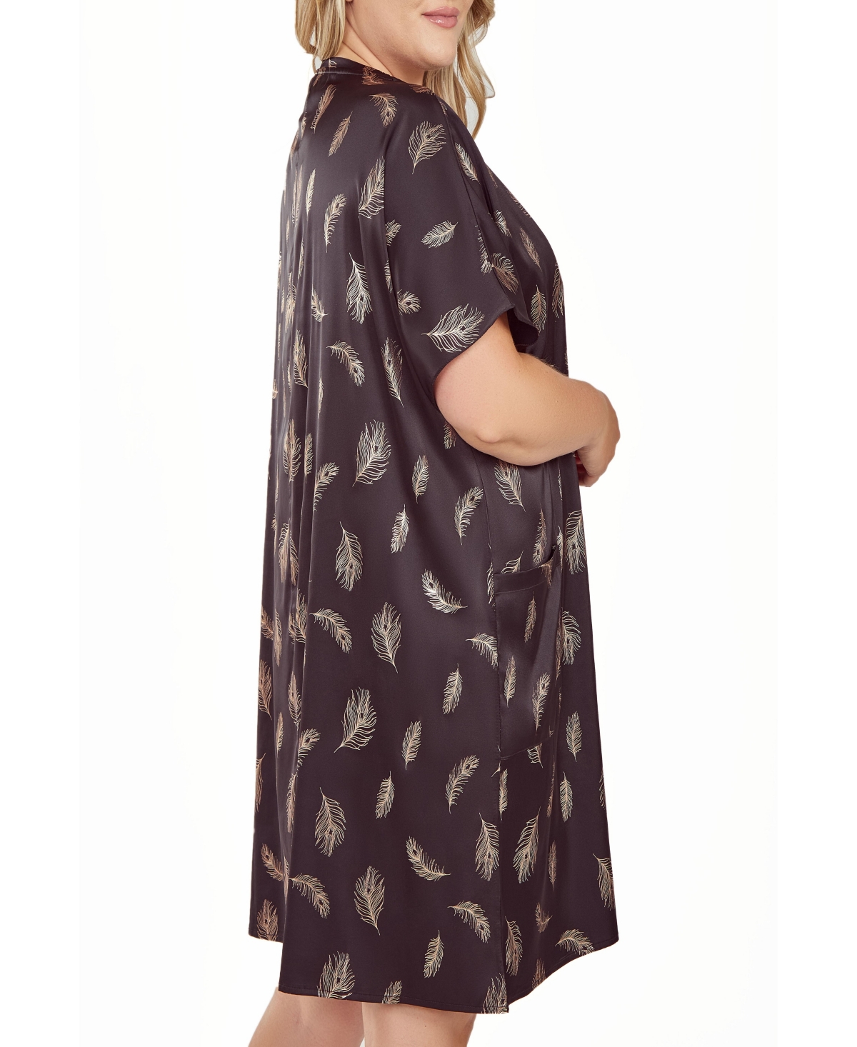 ICOLLECTION PLUS SIZE SILKY POCKET SHIFT SLEEPSHIRT NIGHTGOWN IN FEATHER PRINT 
