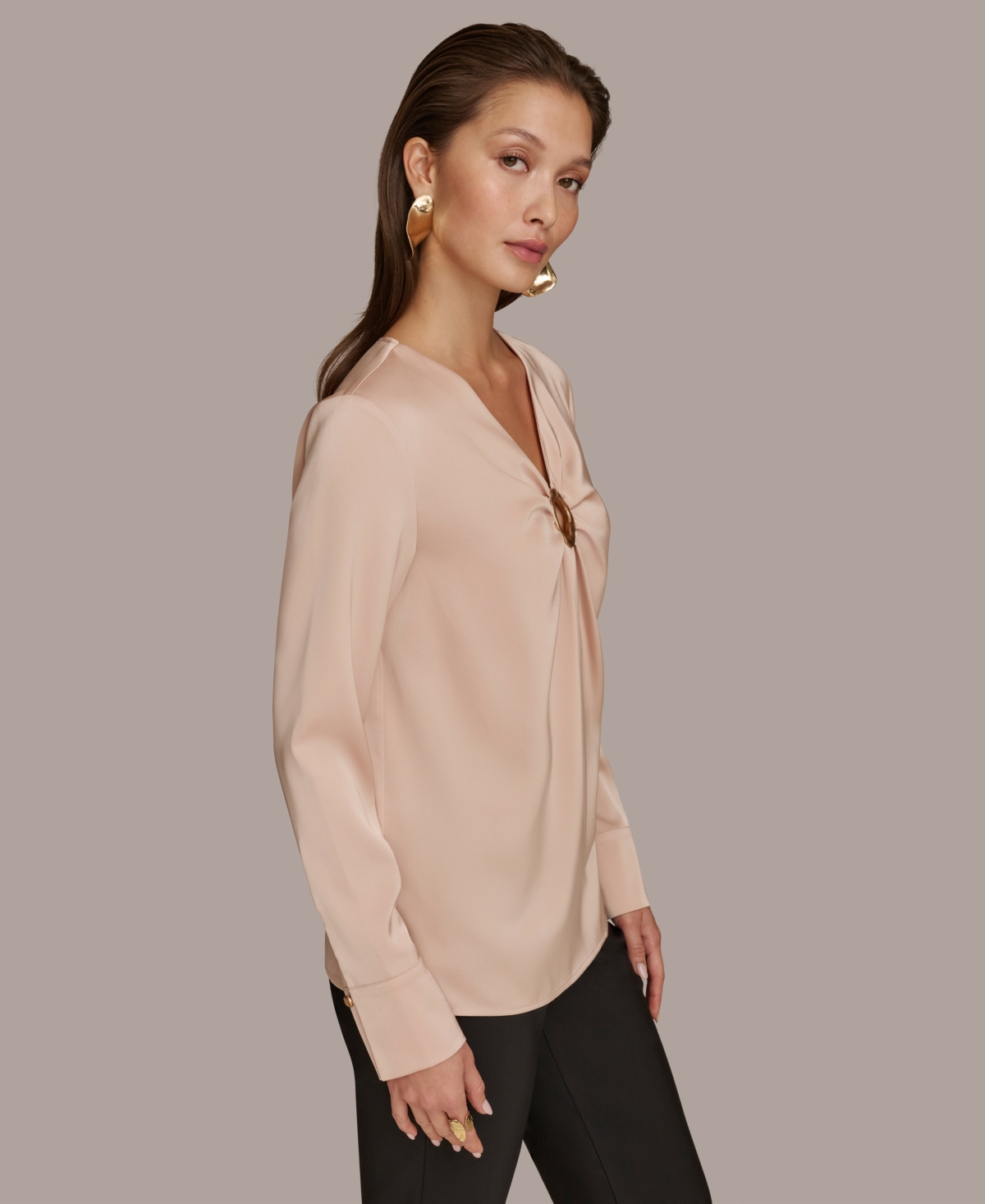 Donna Karan New York Women's V-Neck O-Ring Long-Sleeve Top