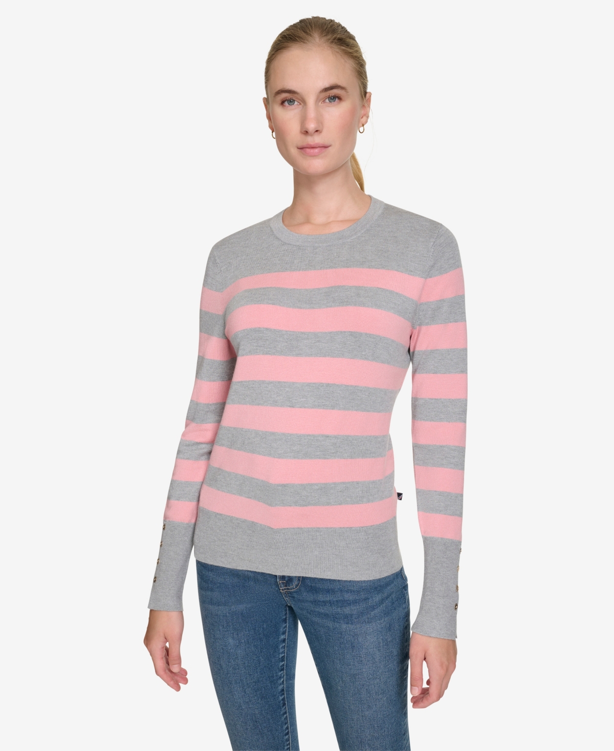 NAUTICA JEANS WOMEN'S CREWNECK STRIPE SWEATER WITH BUTTON SLEEVE 