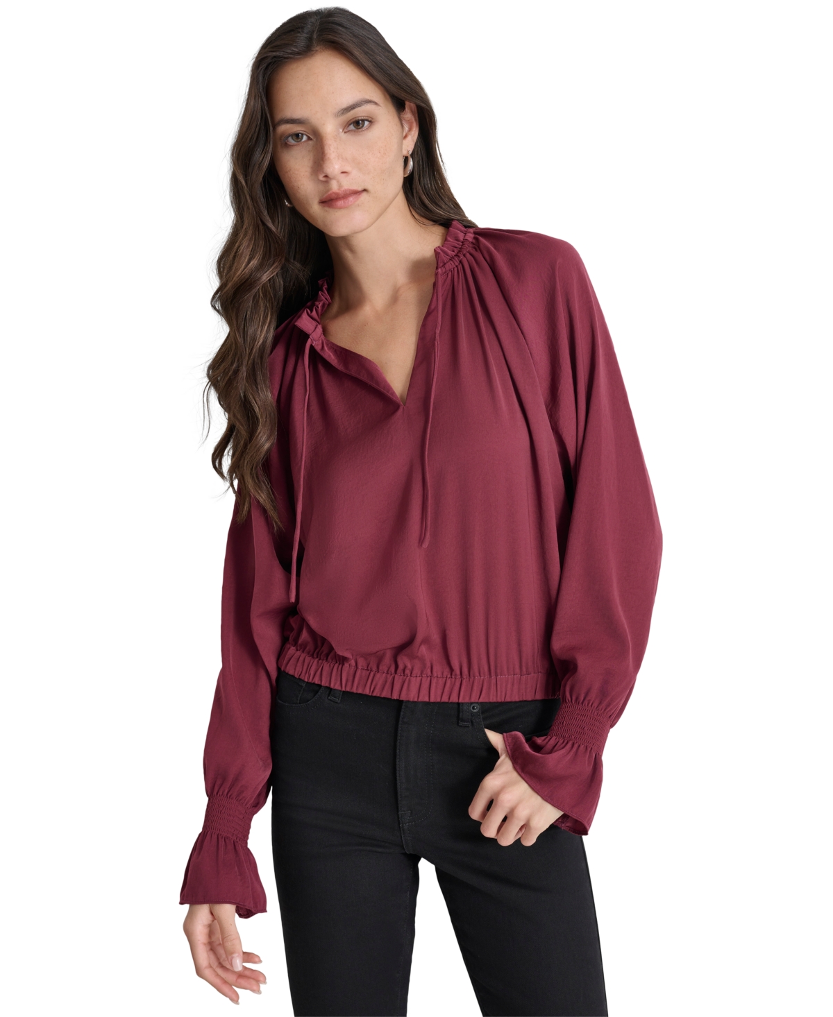 Dkny Jeans Women's Smocked-cuff Raglan-sleeve Blouse In Burgundy