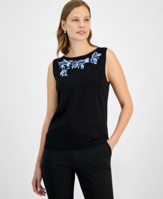 Kasper - Women's Sleeveless Embroidered Boat-Neck Top