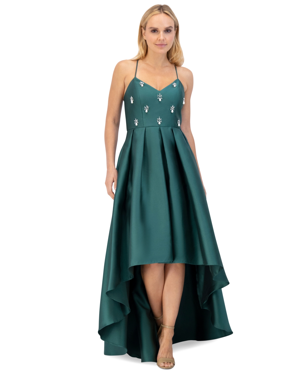 Shop Eliza J Women's Beaded-bodice Pleated High-low Gown In Emerald