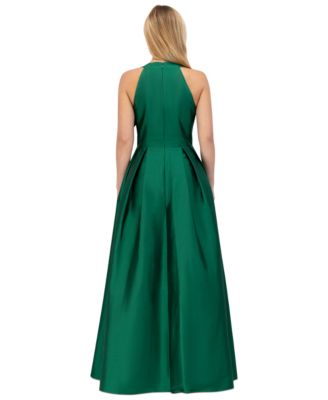 Women's Bow-Trim Halter Pleated Taffeta Gown