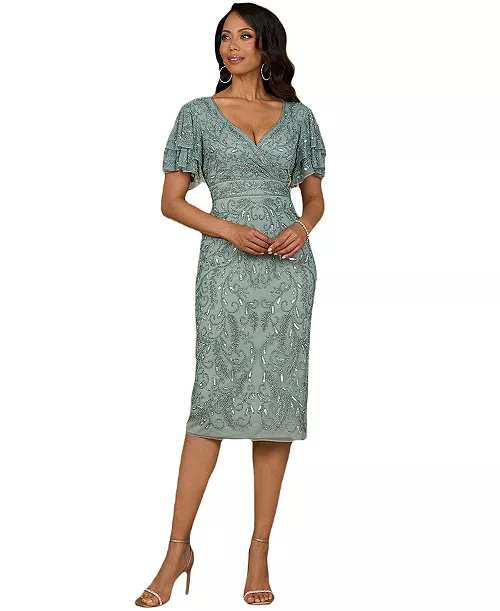 women's beaded midi dress with cape sleeves