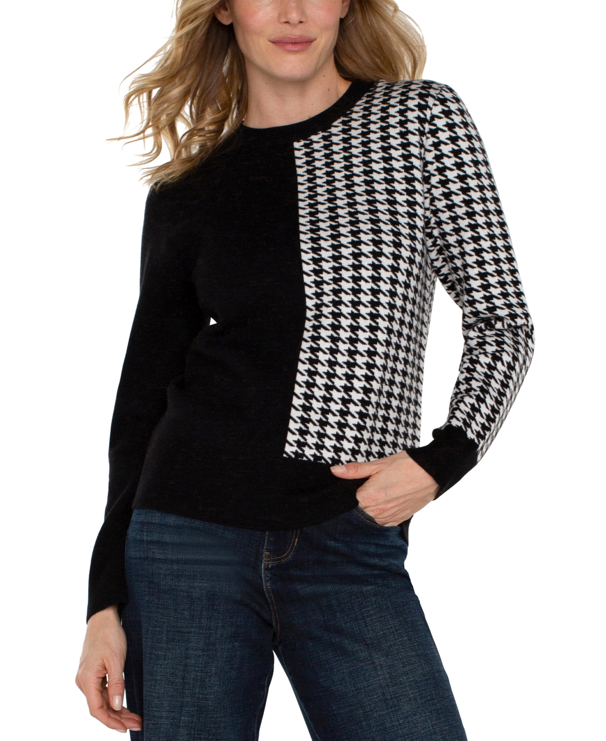 Liverpool Los Angeles Women's Colorblocked Houndstooth Sweater -white Houndstooth